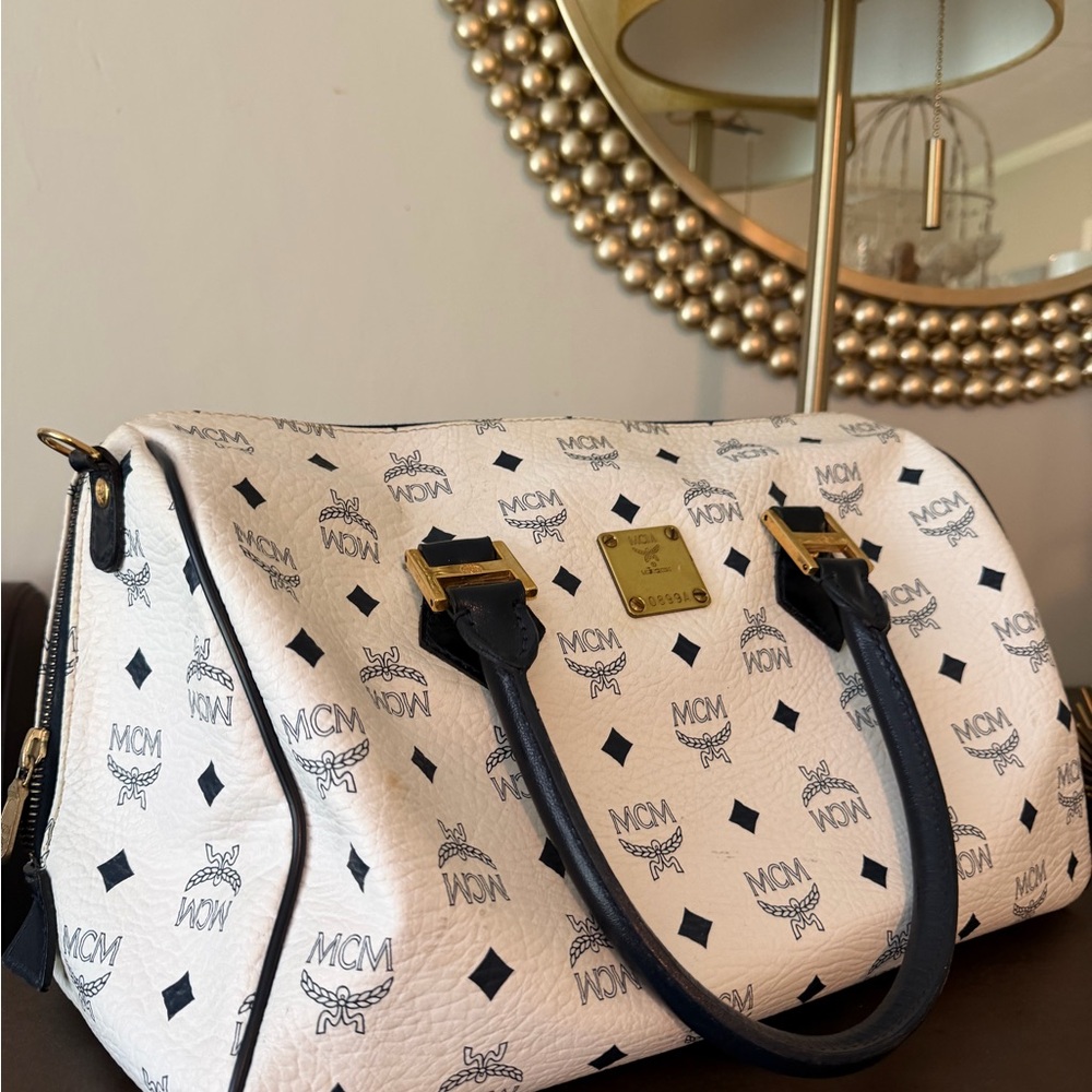 MCM Black and White Satchel with Gold Accents